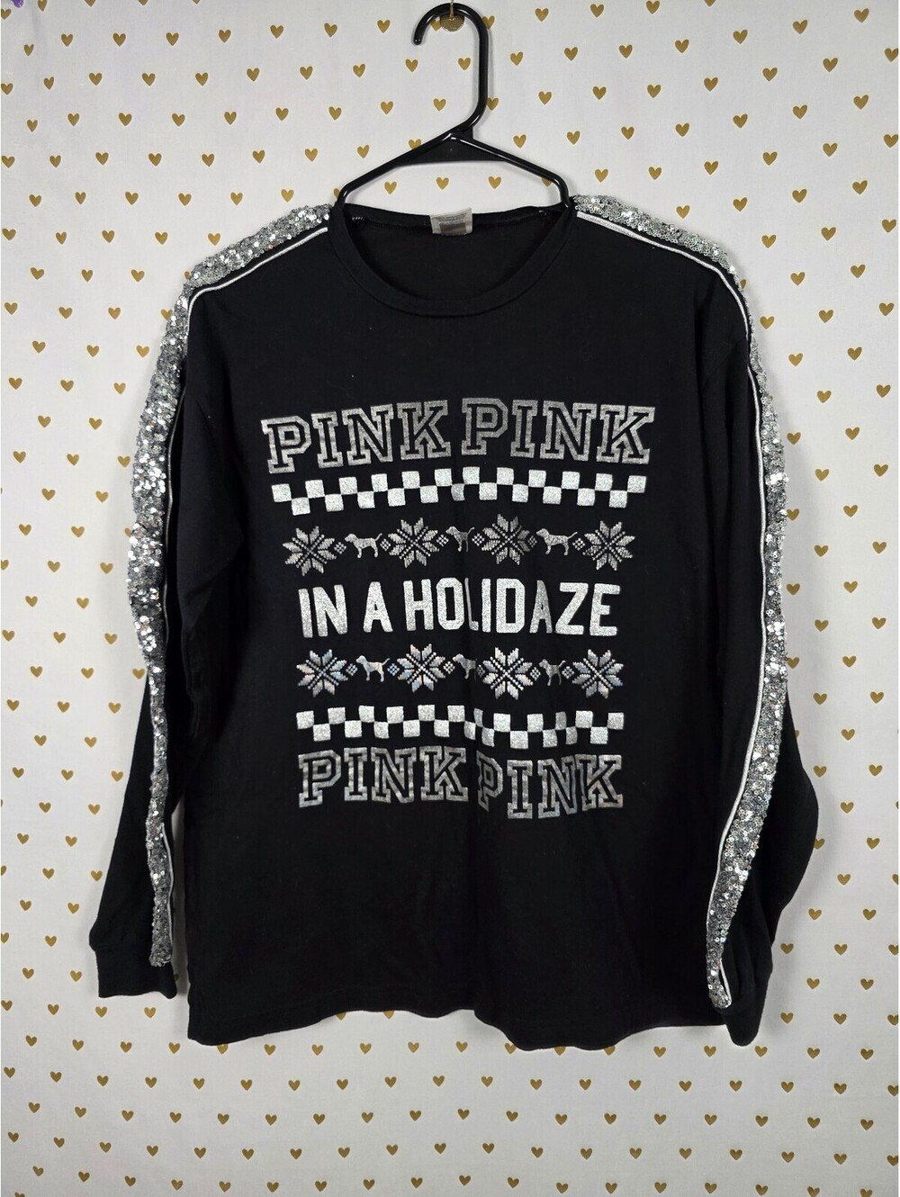 Victorias Secret PINK HOLIDAZE Bling Sequined Long Sleeve Christmas Tee shirt SM